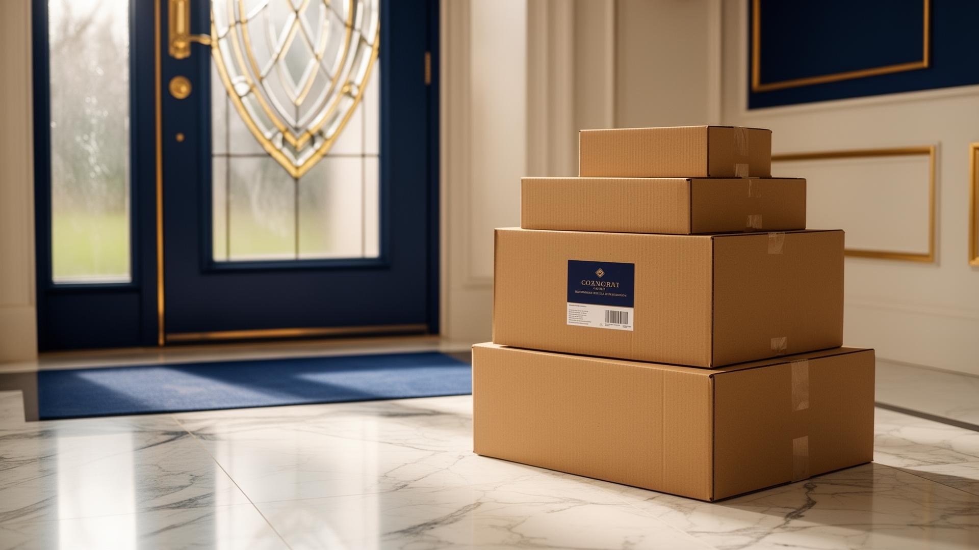 Boxed Amazon returns waiting at a front door, picked up by Boomarangit